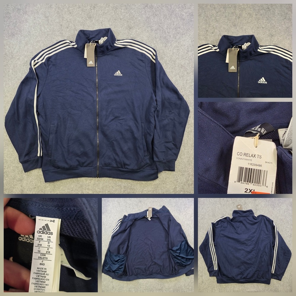 Adidas Track Jacket Mens 2XL Blue CO Relax Full Zip 3 Stripe Soccer BK4075 NWT